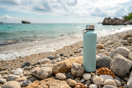 A serene beach setting showcases an isolated water bottle resting on smooth pebbles. The tranquil...