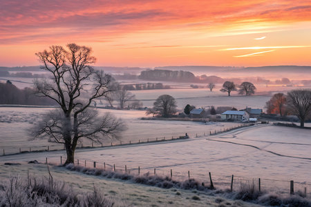 Experience a breathtaking winter sunrise over frosty fields, showcasing a majestic tree beside a charming farmhouse in a tranquil rural landscape.の写真素材