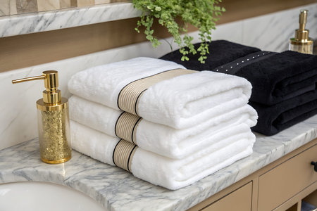 A chic arrangement of soft, luxurious bath towels neatly stacked on a marble countertop beside...