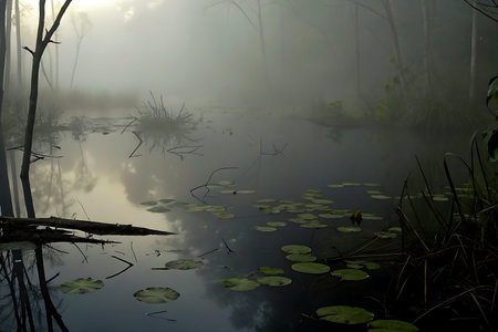 Experience the serene beauty of a misty morning over a still pond, featuring lily pads and soft reflections in the water, conveying tranquility and calm.の写真素材
