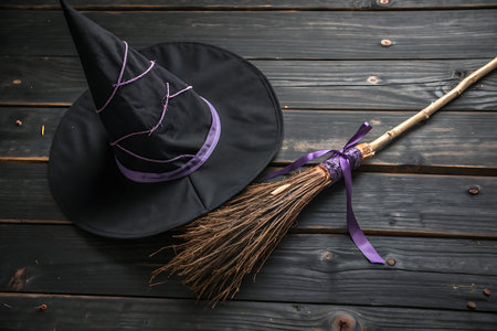 A striking black witch hat paired with a rustic broomstick adorned with a purple ribbon, perfect for Halloween celebrations, themed parties, or costume events.の写真素材