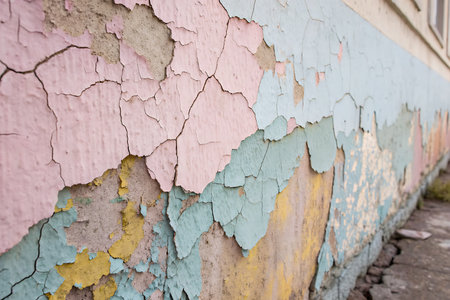 Close-up view of a wall with peeling pastel paint showcasing beautiful cracks and textures, highlighting urban decay and the passage of time.の写真素材