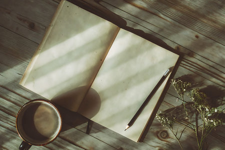 A serene scene featuring an empty notebook, a pencil, and a coffee cup on a wooden table,...