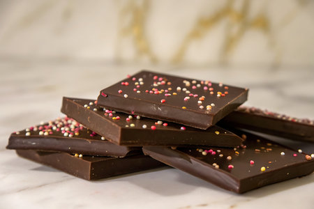 Indulge in rich dark chocolate pieces adorned with colorful sprinkles, perfect for dessert displays...