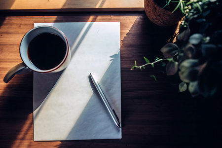 A serene morning scene featuring a cup of coffee, an open notebook, and a pen, beautifully...