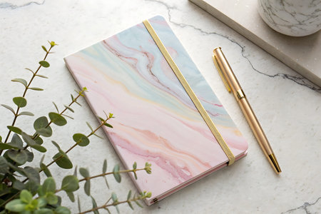 A beautifully designed notebook featuring a marble pattern in pastel shades with a gold accent. This...