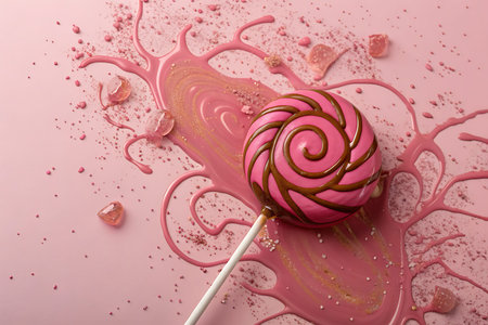 An enchanting pink lollipop rests atop a glossy pink splash, surrounded by sparkling candy gems,...