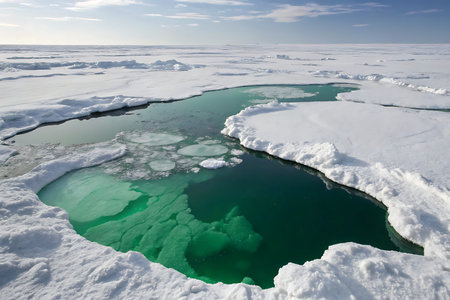 A stunning view of crystal clear water emerges from a snow-covered Arctic landscape, showcasing the...