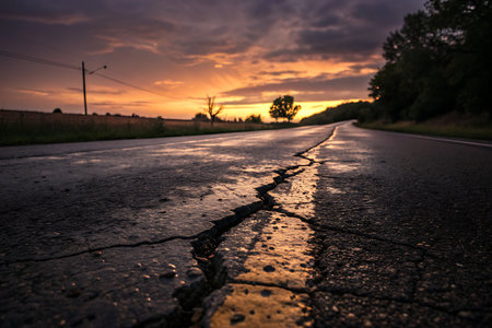 A captivating view of a cracked asphalt road at sunset, showcasing vibrant colors and dramatic clouds, perfect for themes of solitude and adventure.の写真素材