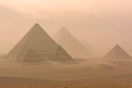 This captivating image captures the majestic pyramids of Egypt emerging from the desert fog during...
