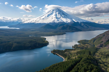 Stunning aerial view of a snow-capped mountain rising majestically above a calm lake, surrounded by lush forests and a clear sky. Perfect for nature enthusiasts.の写真素材