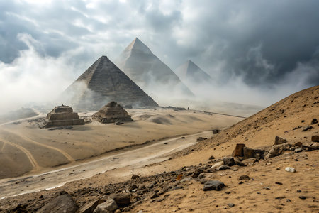 Explore the towering pyramids and iconic Sphinx enveloped in clouds, set against a breathtaking desert landscape, capturing the essence of ancient mystery.の写真素材