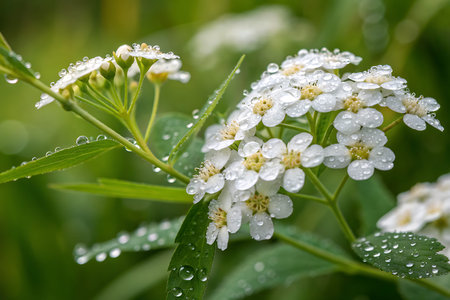 A stunning close-up of delicate white flowers adorned with glistening dew drops, set against a...