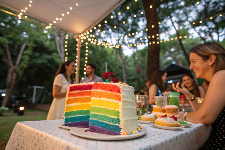 A vibrant rainbow cake stands as the centerpiece at an outdoor celebration, surrounded by friends...