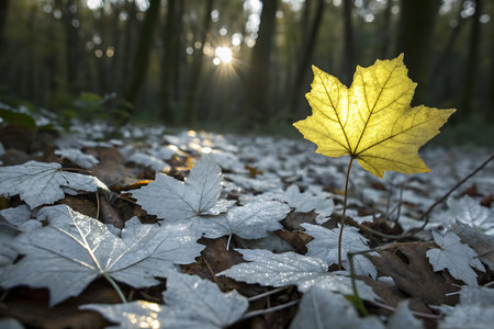 A vivid yellow leaf stands out among silvery leaves on the forest floor, illuminated by gentle...