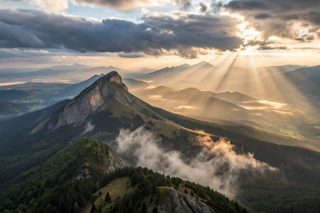 A breathtaking mountain landscape captured at sunrise, showcasing rays of light piercing through...