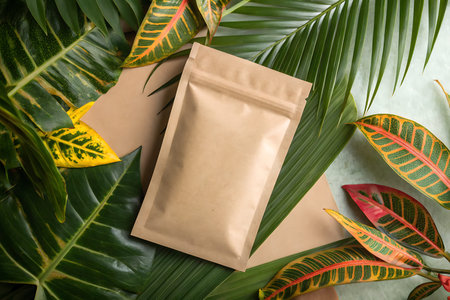 The image features a brown kraft paper bag placed on a soft background, surrounded by vibrant...