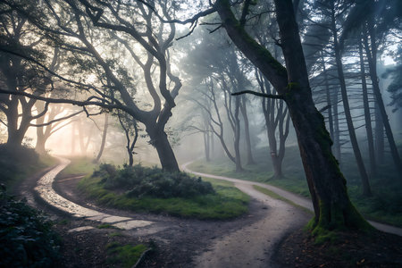 Explore a tranquil forest pathway winding through dense trees, enveloped in morning fog. The serene atmosphere invites adventure and reflection in nature's beauty.の写真素材