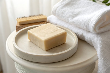 A serene composition featuring a natural handmade soap on a round tray with a white towel and a wooden comb, perfect for a calming bathroom scene.の写真素材