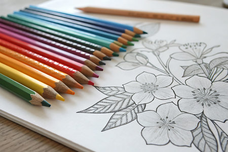 A beautiful assortment of colored pencils arranged next to a detailed flower illustration. Perfect...