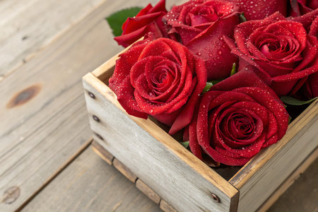 A stunning arrangement of red roses with water droplets, placed in a rustic wooden box, perfect for romantic occasions or decor, set against a natural wooden table.の写真素材