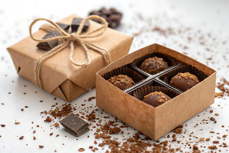 A beautifully presented gift box containing assorted handmade chocolate treats. Perfect for celebrations, holidays, or as a sweet indulgence.の写真素材