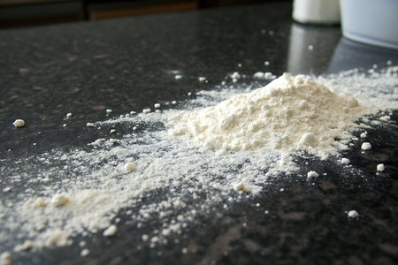 A close-up view of spilled powdered flour on a black granite countertop, emphasizing texture and color contrast. Perfect for culinary and cooking themes.の写真素材