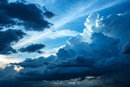 Stunning sky display featuring dark clouds mixed with bright blue, capturing the essence of nature's...