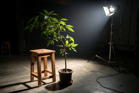 A vibrant green plant gracefully sits on a wooden stool, beautifully illuminated by a spotlight in a dark indoor setting, creating a serene atmosphere.の写真素材