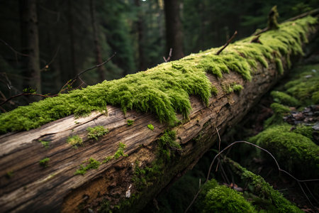 A tranquil forest scene showcasing lush green moss enveloping an old fallen log. The peaceful atmosphere is enhanced by soft shadows and dappled light.の写真素材