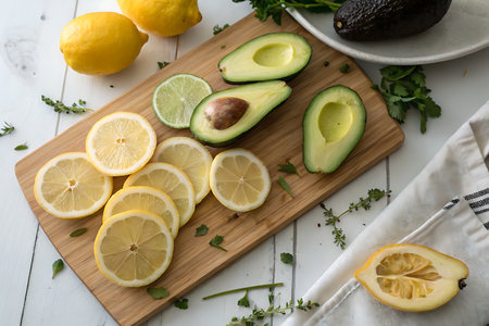A vibrant still life featuring fresh lemon and avocado slices on a wooden cutting board. Perfect for healthy cooking and food photography inspiration.の写真素材