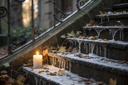 A tranquil scene featuring a lit candle on a frost-covered staircase, surrounded by melting icicles and autumn leaves, creating a serene atmosphere.の写真素材