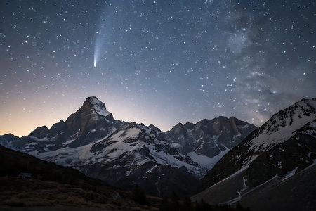 A stunning view of a comet streaking through the night sky, set against snowy mountain peaks and a...