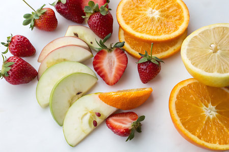 A visually appealing arrangement of fresh sliced fruits including strawberries, apples, oranges, and...