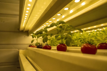 A vibrant indoor vertical farm showcasing LED lights illuminating fresh herbs and ripe tomatoes, demonstrating innovative agricultural practices for sustainable food production.の写真素材