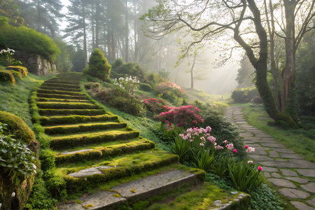 A picturesque garden scene featuring stone steps winding through lush greenery and vibrant flowers. Soft morning light pierces the mist, creating a tranquil atmosphere perfect for nature lovers.の写真素材