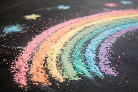 A vivid rainbow created with colorful powder on a dark surface, showcasing vibrant hues and artistic...
