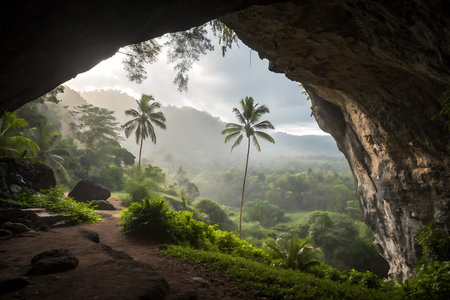 A picturesque view of a lush jungle landscape framed by a rock arch, featuring palm trees and mist in the morning light. A serene outdoor setting invites adventure.の写真素材