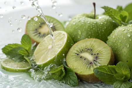 Fresh green fruits including kiwi, lime, and apples surrounded by mint leaves, with water splashing and droplets creating a refreshing atmosphere.の写真素材