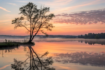 A breathtaking sunset illuminates a calm lake, with a lone tree casting a beautiful reflection on the water. The colorful sky adds to the serene atmosphere.の写真素材