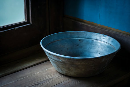 A vintage metal bowl rests quietly on a wooden surface with a blue wall behind it, creating a serene and rustic atmosphere perfect for home decor inspiration.の写真素材