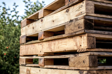This image features a detailed view of stacked wooden pallets in a green outdoor environment, showcasing the texture and rustic charm of natural materials.の写真素材