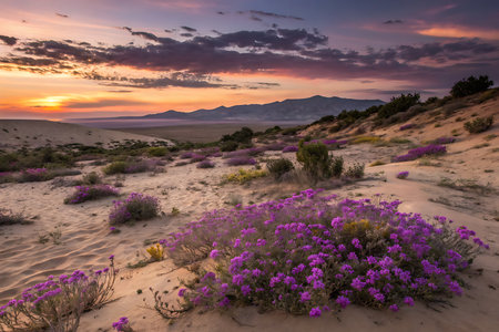 A stunning view of vibrant purple wildflowers blooming on a desert landscape at sunset, surrounded by mountains, showcasing nature's beauty in tranquil scenery.の写真素材