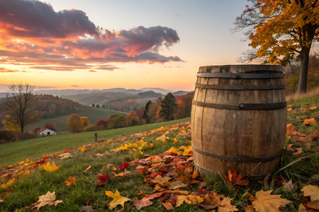 A serene autumn landscape showcases a wooden barrel placed on a hillside surrounded by vibrant...