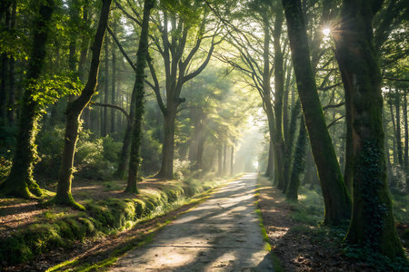 A picturesque forest pathway illuminated by soft sunlight, creating a serene and tranquil atmosphere perfect for nature lovers and outdoor enthusiasts.の写真素材