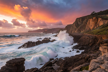 Experience a stunning sunset over a dramatic coastline, where vibrant colors merge with crashing...