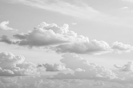 A captivating black and white image of the sky filled with soft clouds. The subtle contrasts create...
