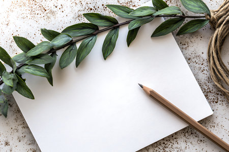 A serene composition featuring a blank white sheet of paper alongside green leaves and a pencil. Perfect for creative projects, stationery designs, and artistic concepts.の写真素材