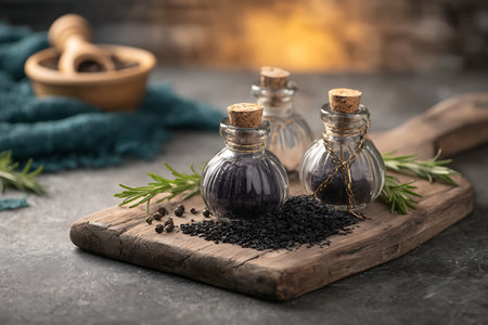 Captivating image of aromatic black seeds in small glass bottles on a rustic wooden surface, surrounded by fresh herbs and spices, ideal for culinary and wellness themes.の写真素材