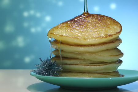A stunning stack of golden pancakes topped with luscious syrup, set against a soft turquoise background with a shimmering decoration, perfect for breakfast lovers.の写真素材